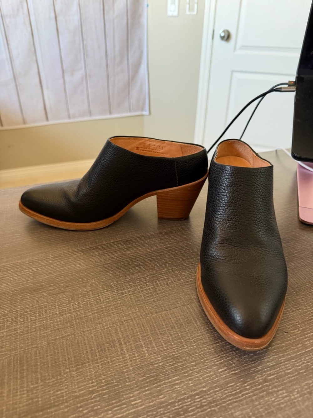 Poppy Barley The Heeled Mule in Black Pebbled Leather Size 8